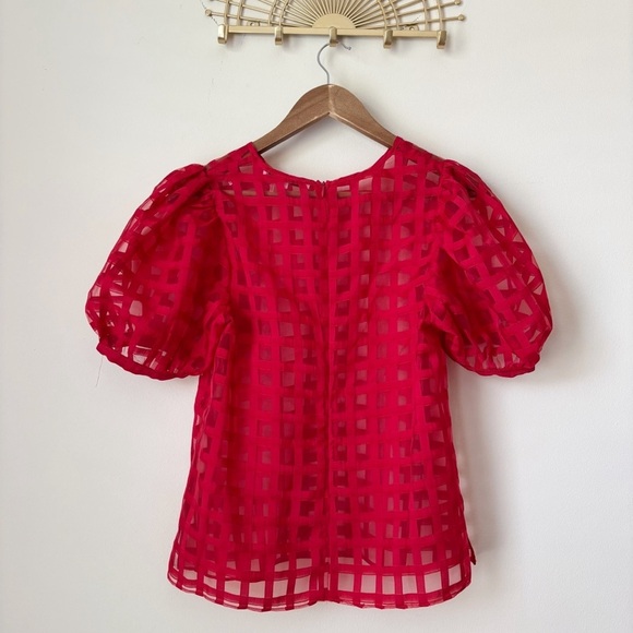 English Factory Puff Sleeve Windowpane Blouse Small Red - Picture 4 of 7